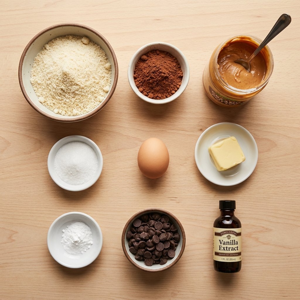 Ingredienser til sjokolade-peanøttsmørkjeks: mandelmel, kakao, peanøttsmør og erytritol