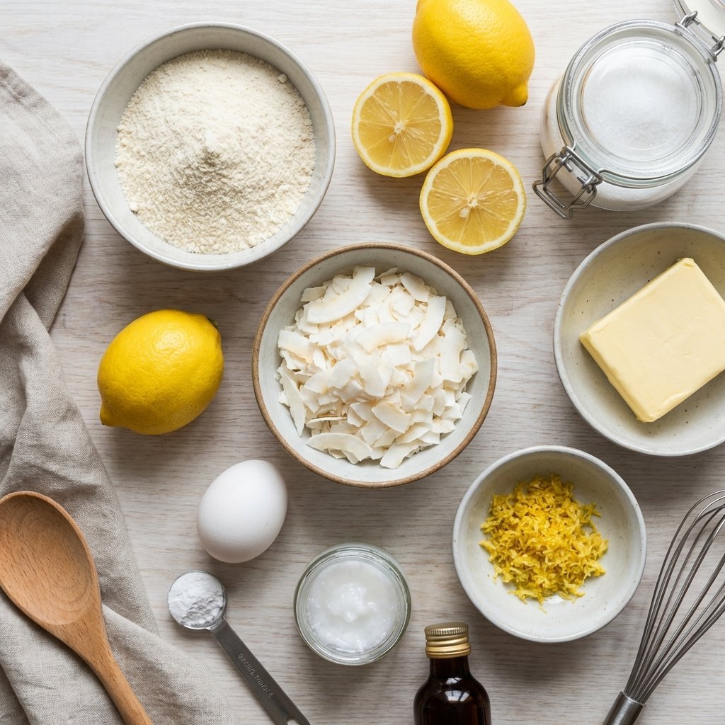 Ingredienser til kokos-sitronkjeks: kokosmel, kokosfnokker, sitron og erytritol