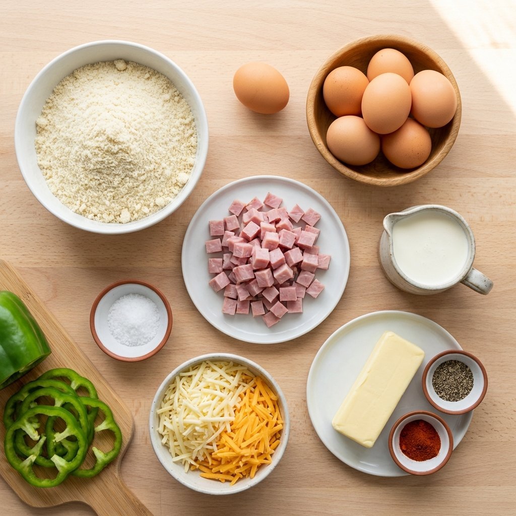Ingredienser til keto skinkepai: mandelmel, egg, skinke, fløte og ost