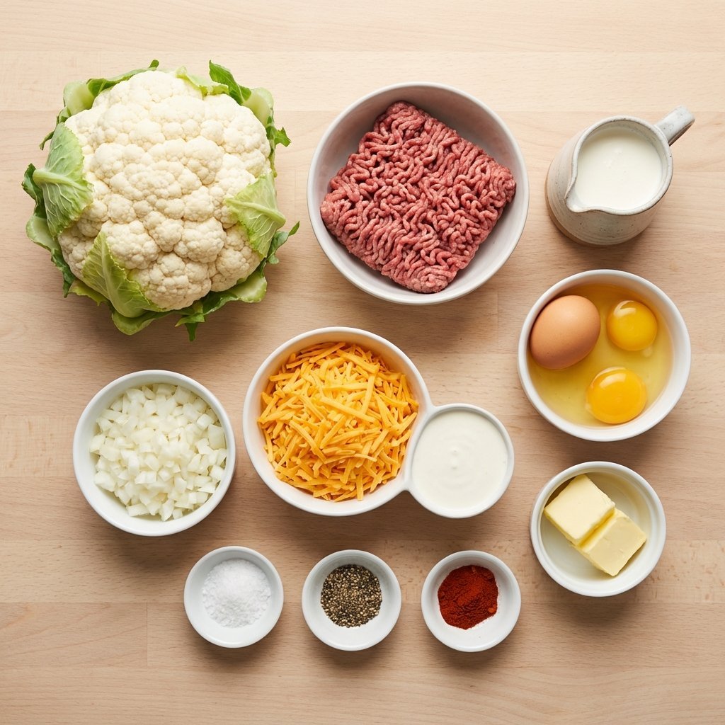 Ingredienser til keto blomkålgratin: blomkål, kjøttdeig, egg, fløte og ost