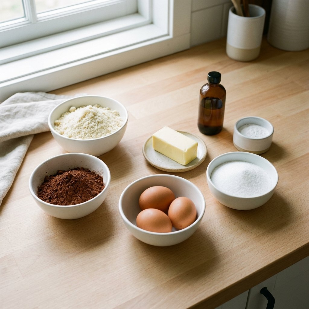 Ingredienser til keto sjokoladekake: mandelmel, kakaopulver, smør og egg