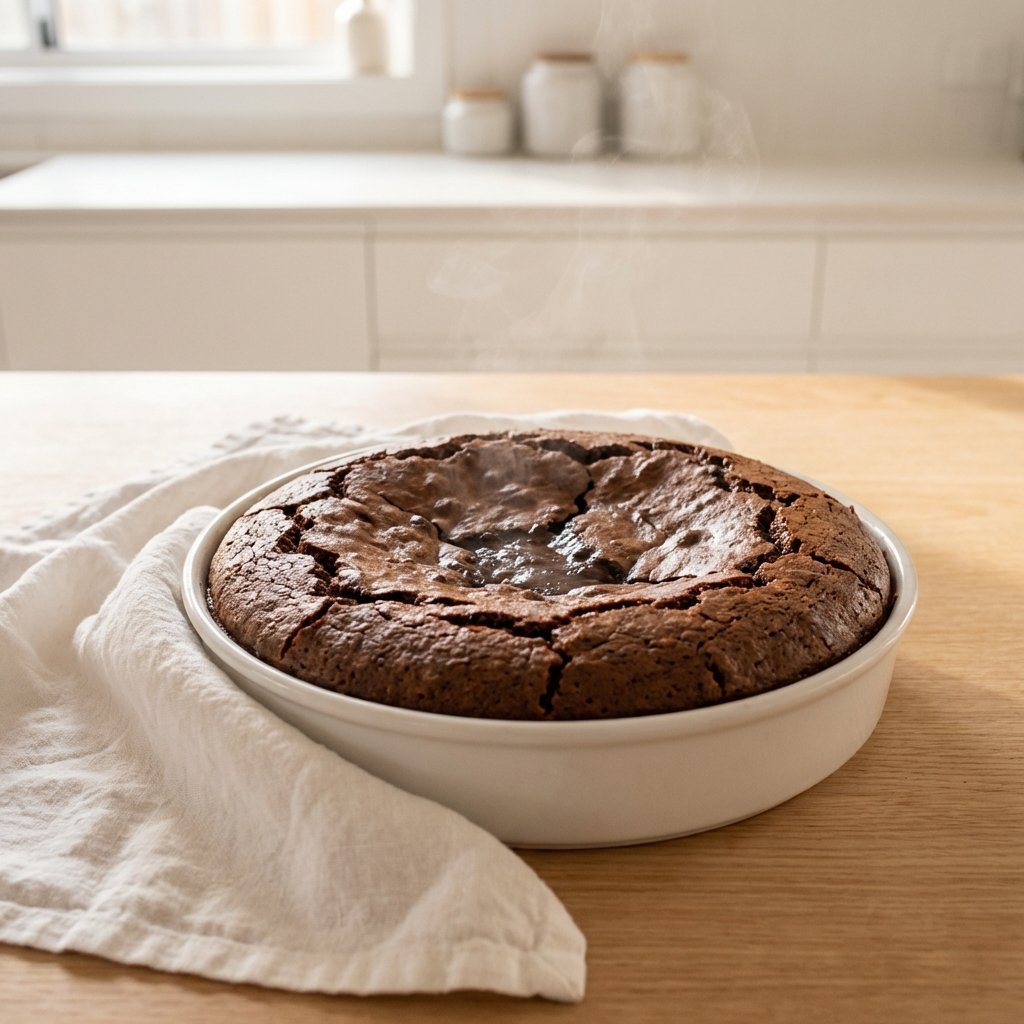 Keto sjokoladekake rett fra ovnen med typisk sprekkmønster på toppen