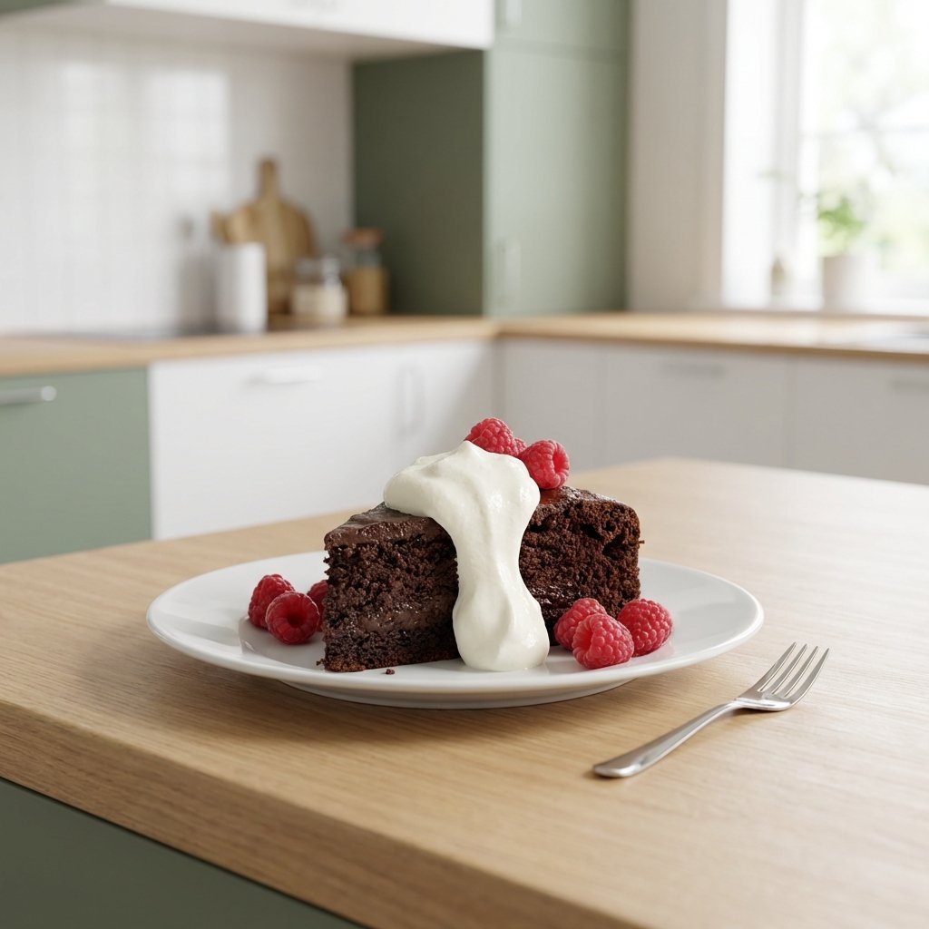 Keto sjokoladekake porsjon med pisket krem og bringebær