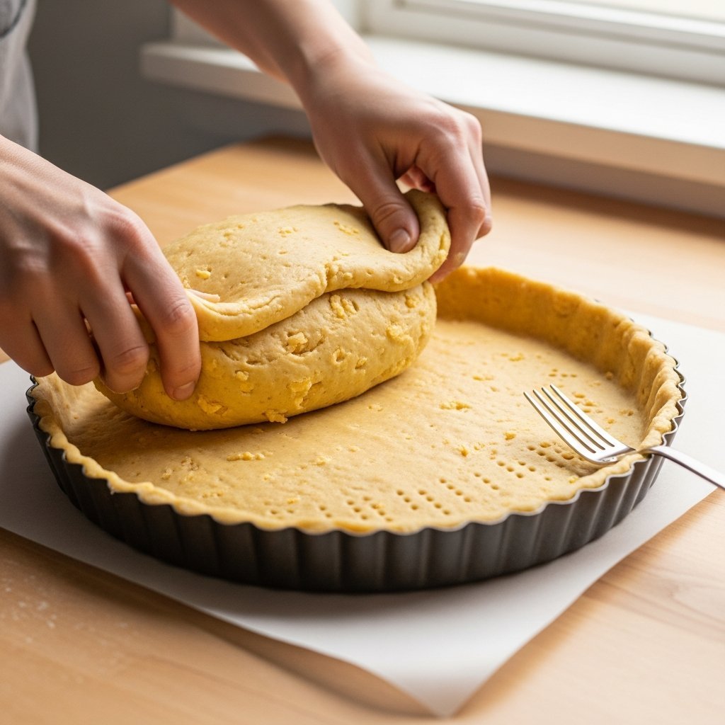 Ostebunnn-deig trykket inn i paiform