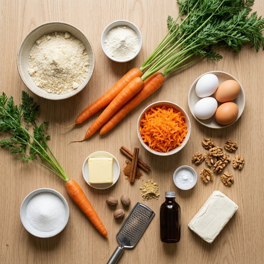 Ingredienser til keto gulrotkake: mandelmel, gulrøtter, egg, smør og krydder