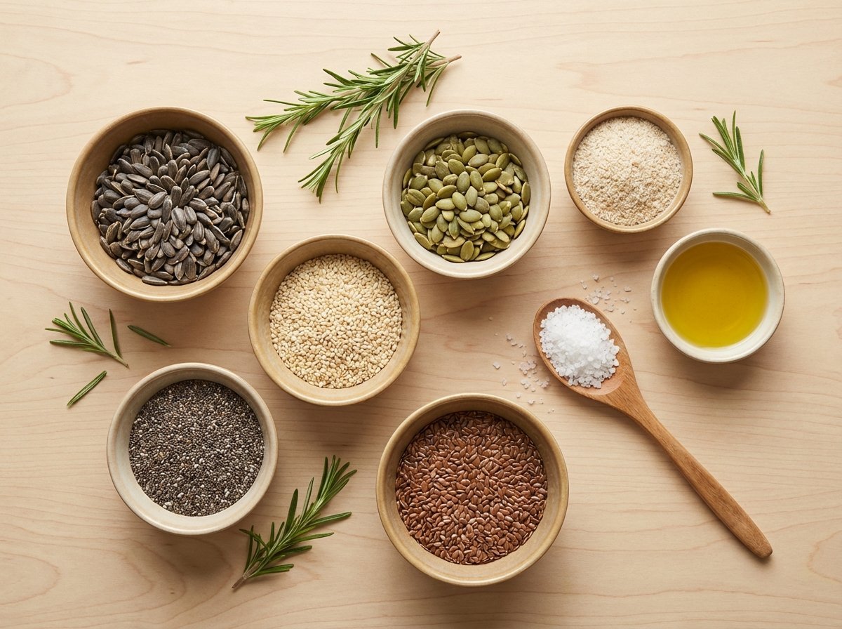 Ingredienser til frøknekkebrød - frø og krydder klare til bruk