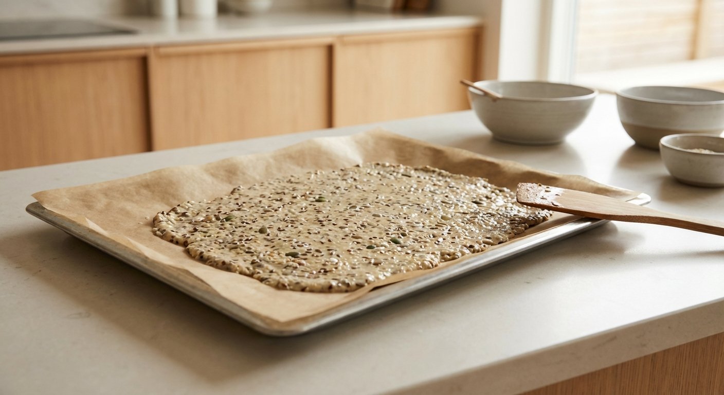 Frøknekkebrød-deig fordelt på stekebrett