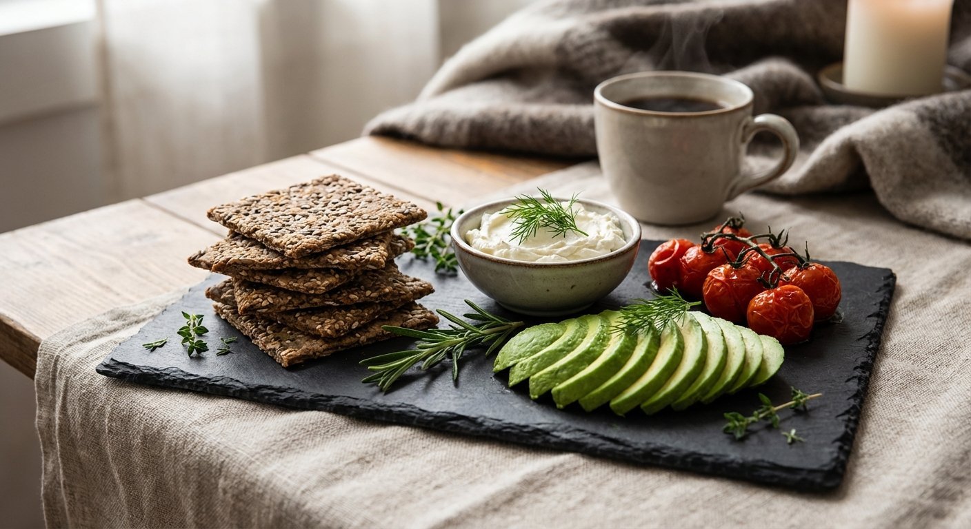 Frøknekkebrød servert med ferskost og avokado