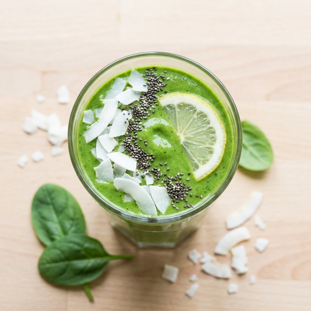 Grønn smoothie ovenfra med kokosflak og chiafrø