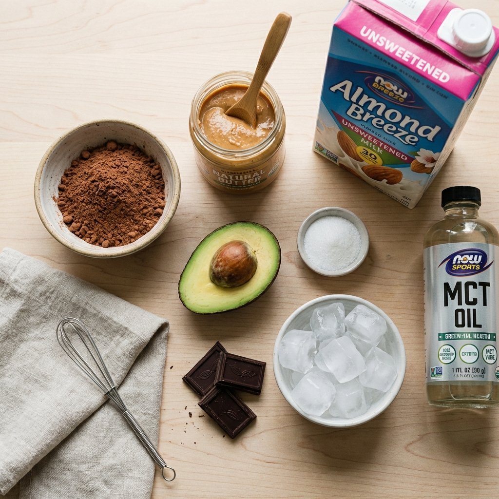 Ingredienser til sjokolade-peanøttsmør keto smoothie: kakao, peanøttsmør, mandelmelk og avokado