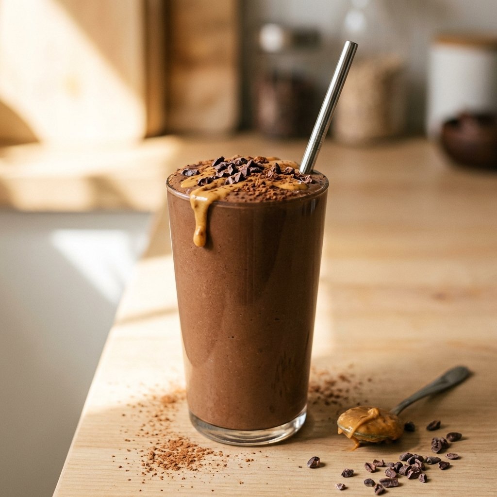 Kremet sjokolade-peanøttsmør keto smoothie i glass