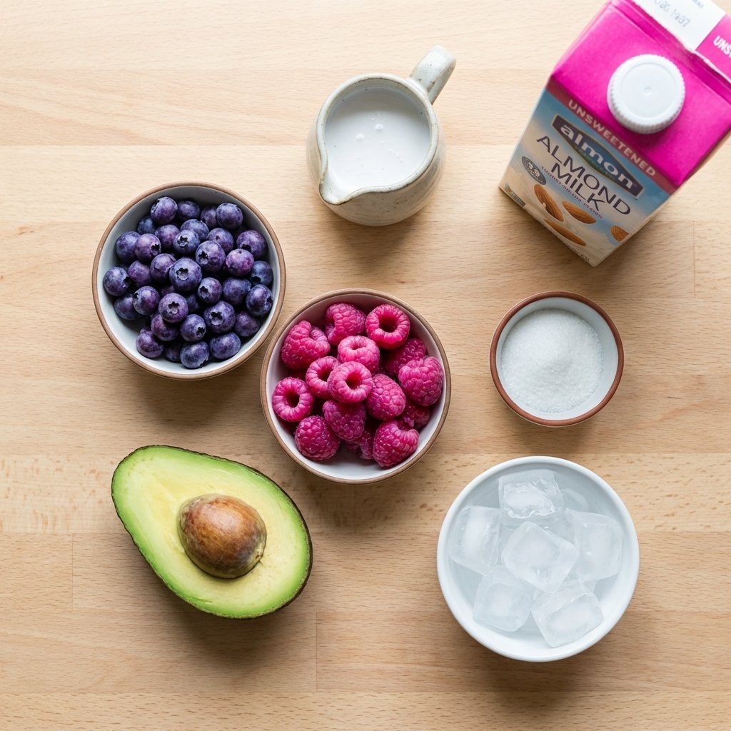 Ingredienser til bærsmoothie: blåbær, bringebær, avokado, kokoskrem og mandelmelk