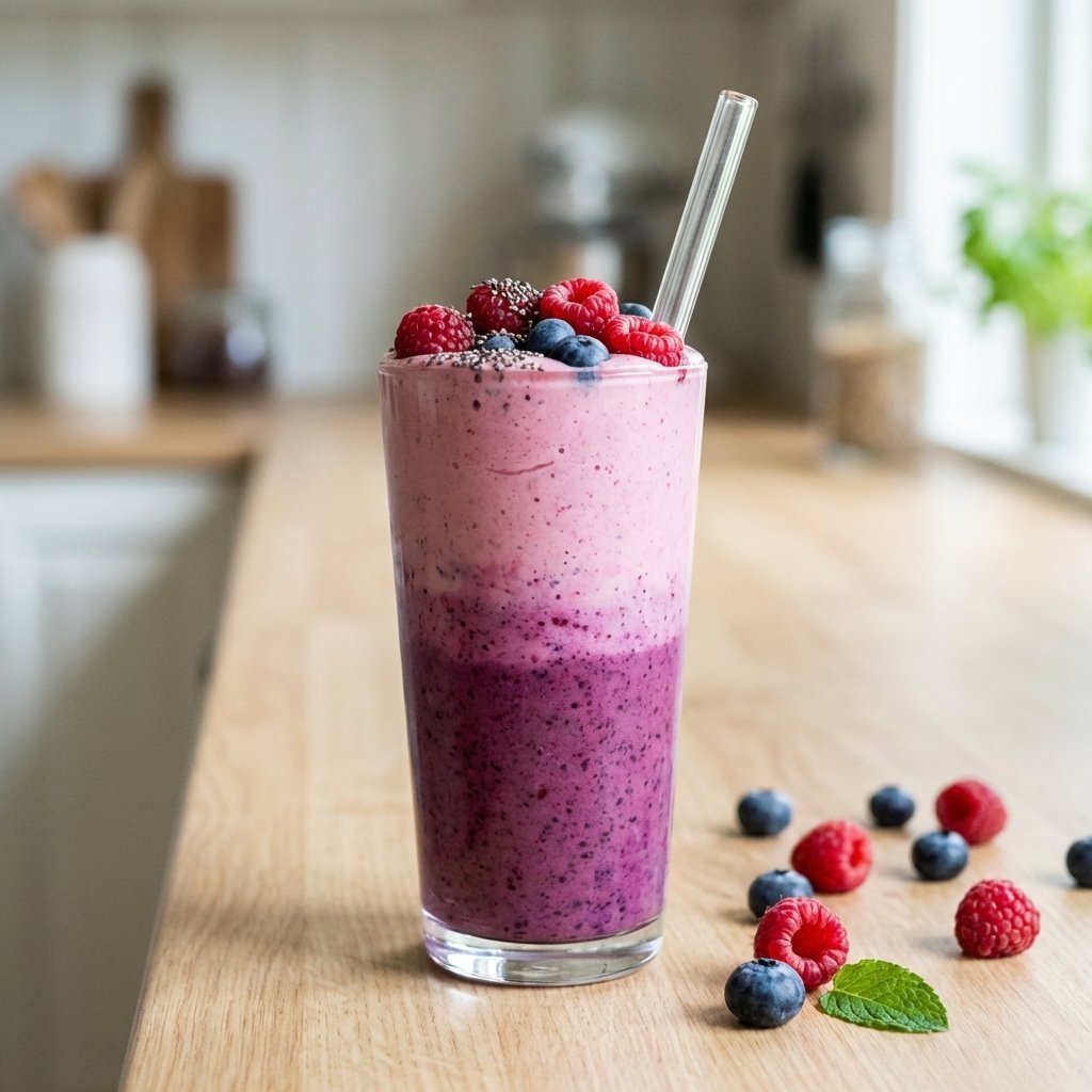 Bringebær-blåbær keto smoothie i glass med friske bær