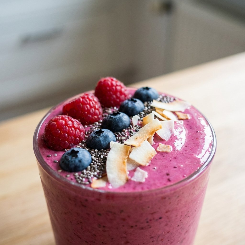 Bærsmoothie i nærbilde – friske blåbær og bringebær på toppen