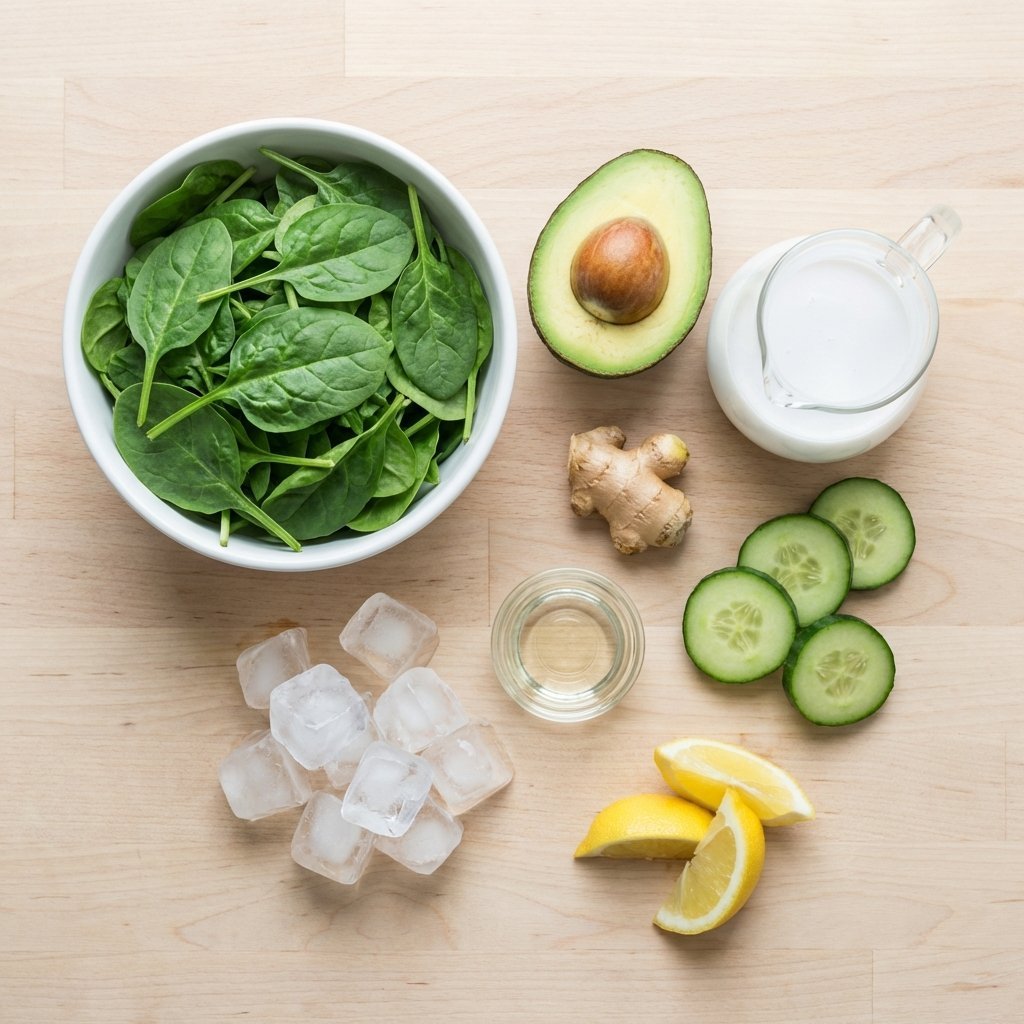 Ingredienser til grønn smoothie: spinat, avokado, kokosmelk, agurk og ingefær