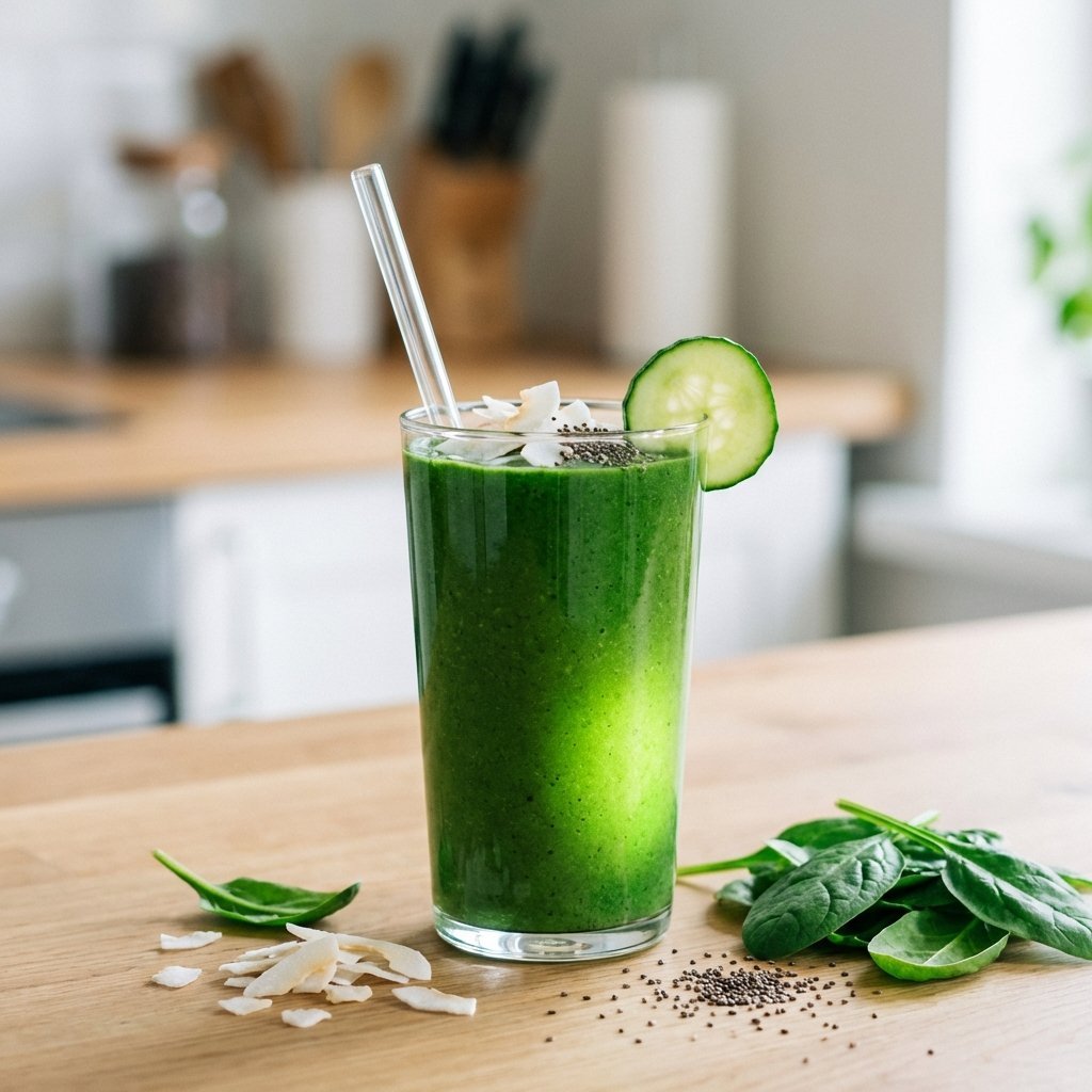 Grønn keto smoothie i glass med kokosflak