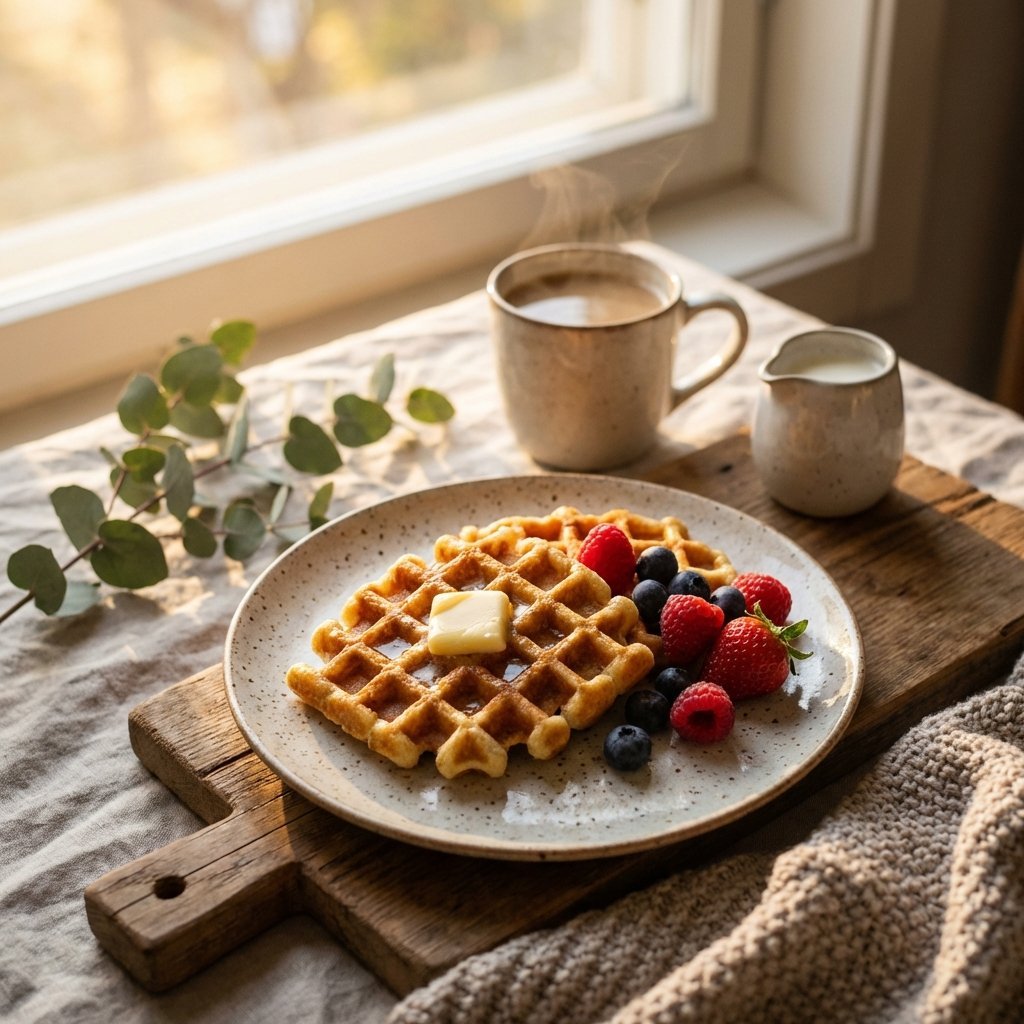 Keto vafler til frokost med bær og kaffe