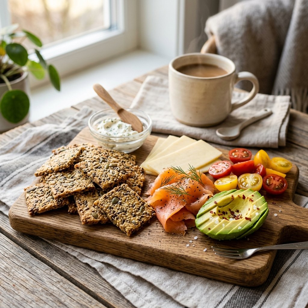 Keto knekkebrød servert med ost og laks