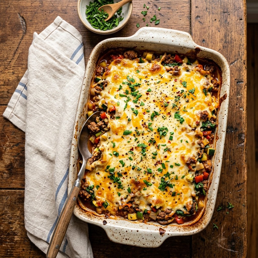 Keto kjøttdeig grateng med smeltet ost